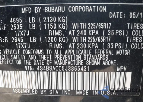 2018 Subaru Outback 2.5I Premium из США, поврежденный, VIN 4S4BSACC5J3365431